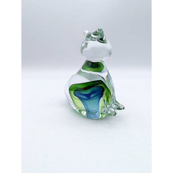 Art Glass Blue and Green Cat Figurine Curling Tail Paperweight - Picture 7 of 12